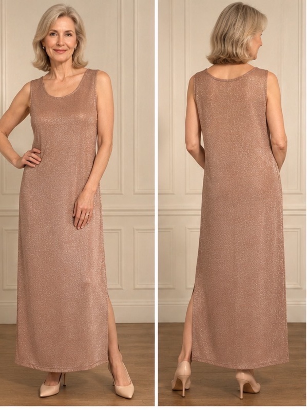 Elegant Shimmer Sleeveless Maxi Dress Size 14 Made in USA